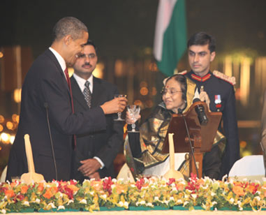 President Obama raises a toast as Indian Former President Smt. Pratibha Devisingh Patil